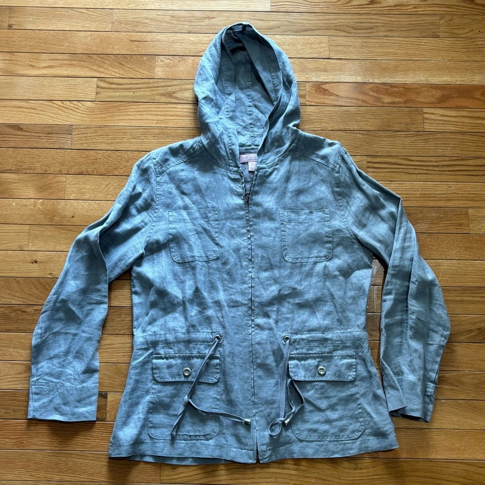 Saint Tropez West Gray Hooded Linen Zip Jacket Drawstring Waist Women's Size L